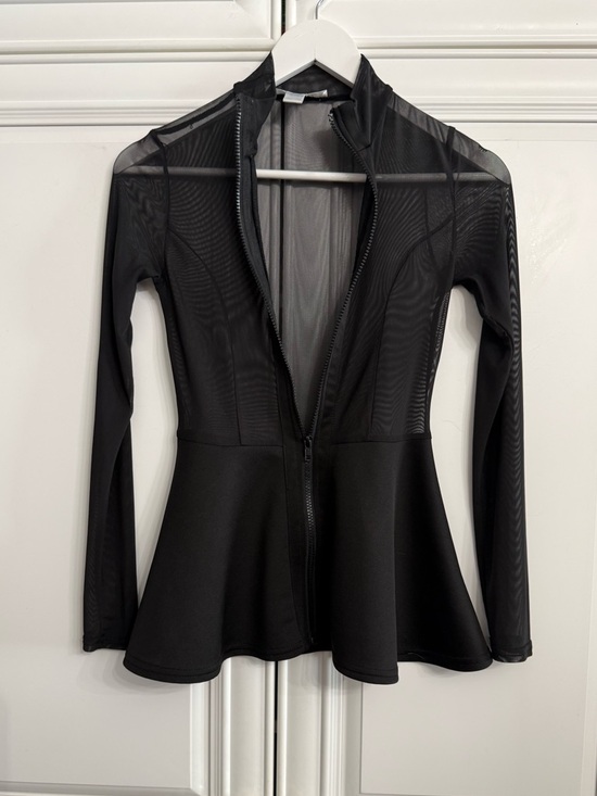 Revamped Size Small Black Mesh Zip Front Sheer Long Sleeves Flared Peplum Waist - Picture 8 of 12